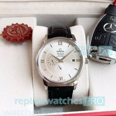 Fast Shipping Clone Omega De Ville White Dial Black Leather Strap Watch